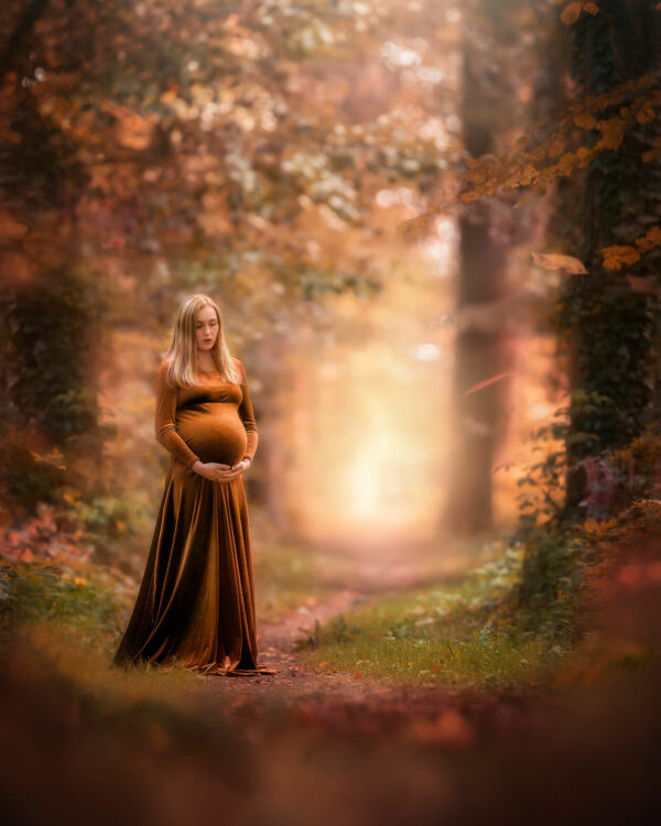 fine art portrait maternity natural light image of a young woman standing in a magical autumn forest by Willie Kers
