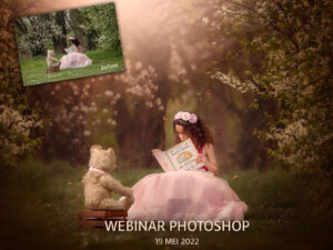 Promo WEBINAR photoshop lente fine art portret van een meisje die een boek voorleest aan een teddybeer in het bos bij de bloesem door natuurlijk licht fotograaf Willie Kers uit Apeldoorn copy