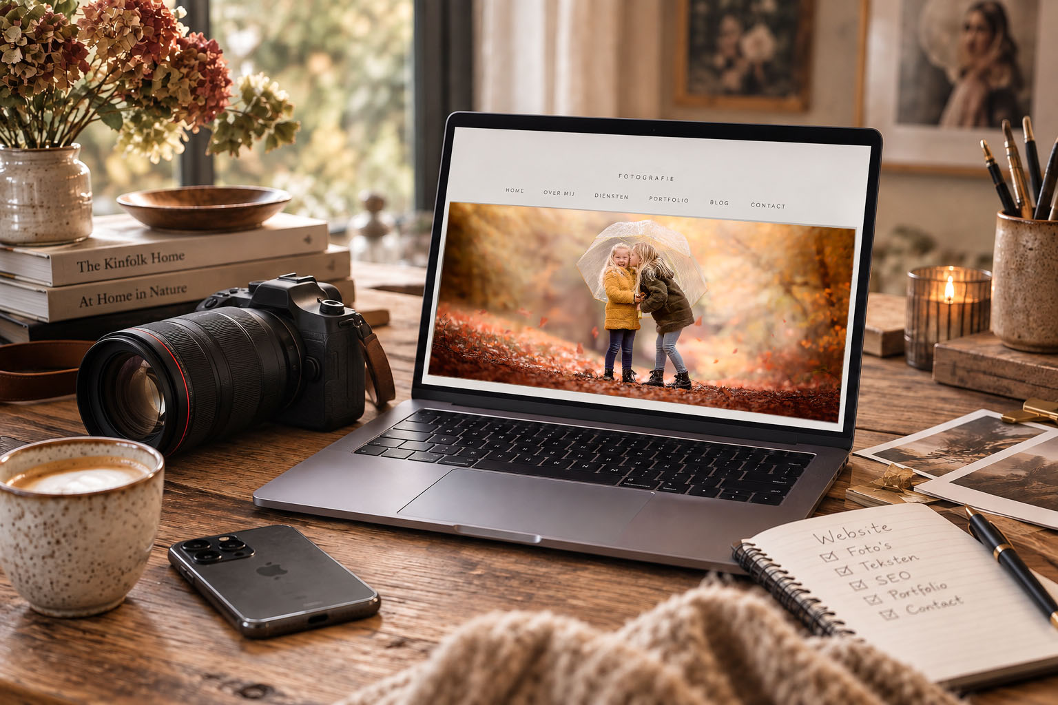 Werkplek van een fotograaf met laptop waarop een fotografie website wordt gemaakt, Canon camera en notitieboek
